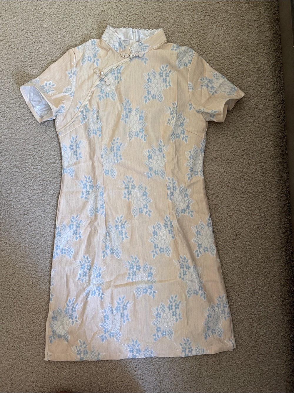 Pastel Pink Mini Cheongsam Dress with Blue Floral Jacquard